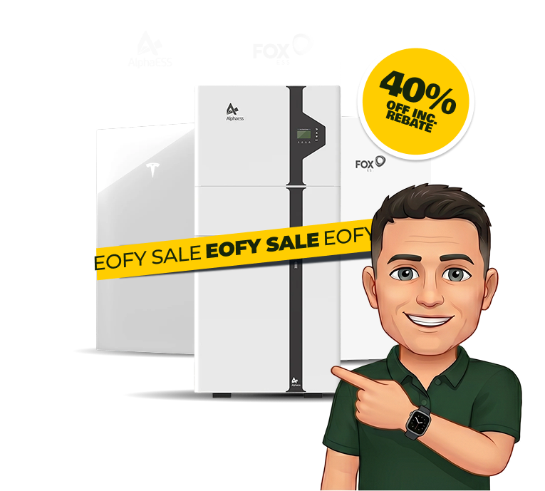 Stack of solar batteries (AlphaESS, Tesla & Fox) with a 40% off inc. rebate badge and our local Melbourne installer